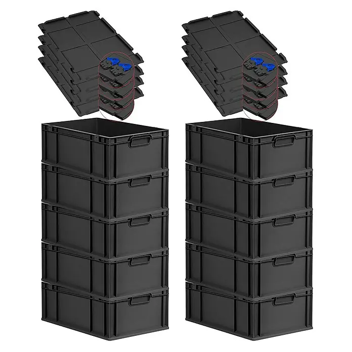 Proregal Euroboxen-Set 10x Eurobox NextGen Grip mit Scharnierdeckel und blauen Verschlüssen - L x B x H: 60 x 40 x 22 cm, Kunststoff, Schwarz, 10 Stk. - Schwarze Kunststoffboxen und Deckel, ideal für Lagerung und Organisation. Stapelbar und robust für vielseitige Nutzung.