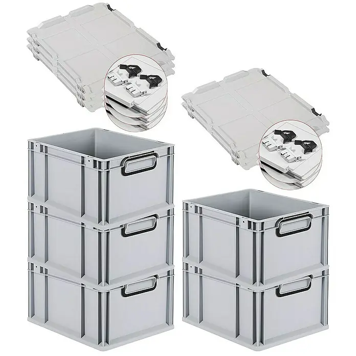 SuperSparSet 5x Eurobox NextGen Color mit Scharnierdeckel und Schiebeschnappverschlüssen | HxBxT 22x30x40cm | 20 Liter | Grau | Griffe schwarz geschlossen | Glatter Boden | Eurobehälter, Transportbox, Transportbehälter, Stapelbehälter -  - Graue Euroboxen und Deckel gestapelt, ideal für Lagerung und Transport. Robuste Bauweise für vielfältige Einsatzbereiche.