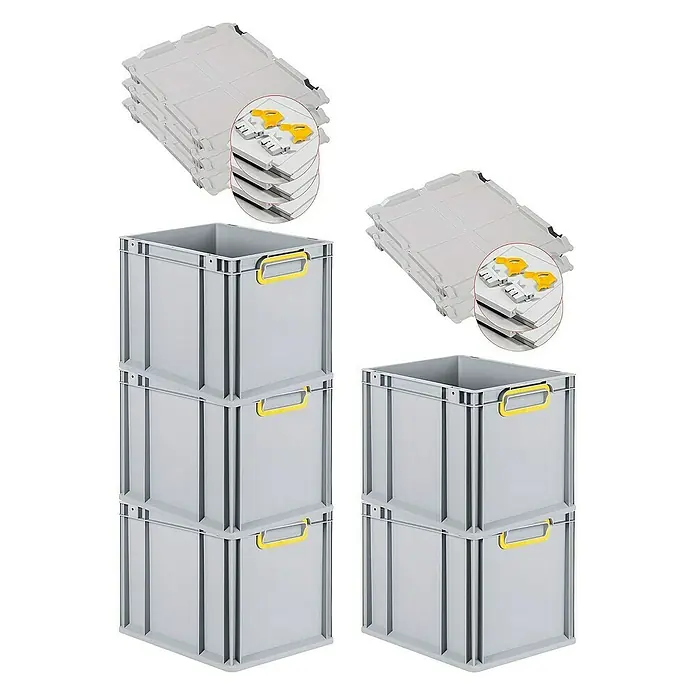 Proregal Euroboxen-Set 5x Eurobox NextGen Color mit Scharnierdeckel und Verschlüssen - Kunststoff, Grau, Gelb, 5 Stk. - Abgebildete graue Lagerkisten mit gelben Griffen und zugehörige Deckel.