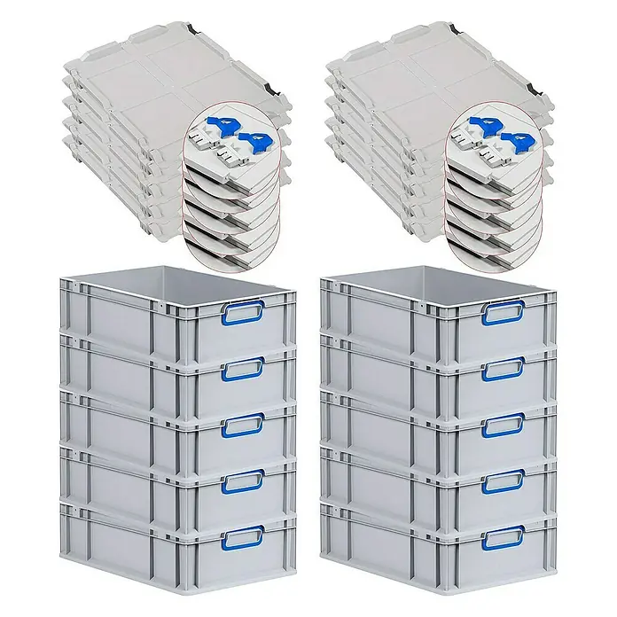 Proregal Euroboxen-Set 10x Eurobox NextGen Color mit Scharnierdeckel und Verschlüssen - L x B x H: 60 x 40 x 17 cm, Kunststoff, Grau, Blau, 10 Stk. - Bild von grauen Lagerbehältern mit blauen Griffen und grauen Deckeln.