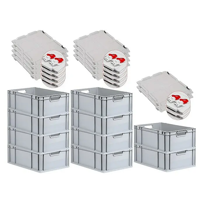 Proregal Euroboxen-Set 10x Eurobox NextGen Grip mit Scharnierdeckel und roten Verschlüssen - L x B x H: 60 x 40 x 22 cm, Kunststoff, Grau, 10 Stk. - Stapelbare, graue Kunststoffboxen mit Deckeln. Ideal zur Lagerung, robust und platzsparend.