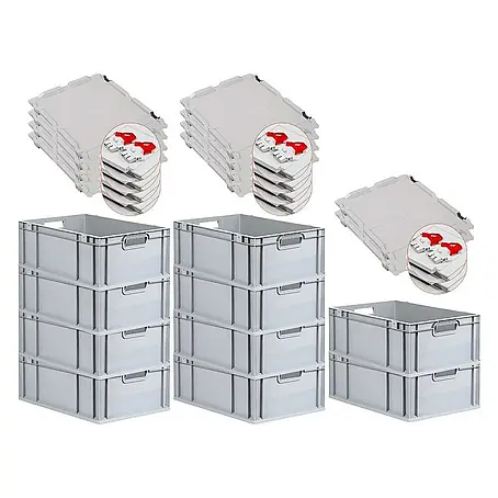 SuperSparSet 10x Eurobox NextGen Grip mit Scharnierdeckel und roten Schiebeschnappverschlüssen | HxBxT 22x40x60cm | 44 Liter | Grau | Griffe offen | Verstärkter Boden | Eurobehälter, Transportbox, Transportbehälter, Stapelbehälter