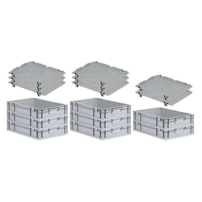Proregal Euroboxen-Set 8x Eurobox NextGen Economy mit Auflagedeckel und 4x Verschlüsse Schwarz - Kunststoff, Grau, 8 Stk. - Abbildung von drei Stapeln grauer Kunststoffbehälter und drei Stapeln passender Deckel.