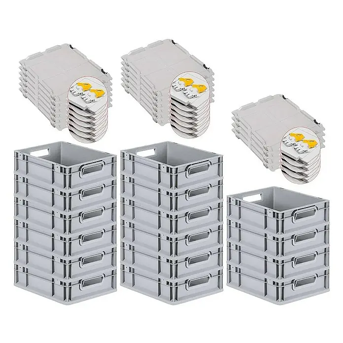 Proregal Euroboxen-Set 16x Eurobox NextGen Economy mit Scharnierdeckel und gelben Verschlüssen - L x B x H: 40 x 30 x 12 cm, Kunststoff, Grau, 16 Stk. - Das Bild zeigt graue Lagerboxen und Deckel. Praktisch für die Organisation und Aufbewahrung im Lager oder zu Hause.