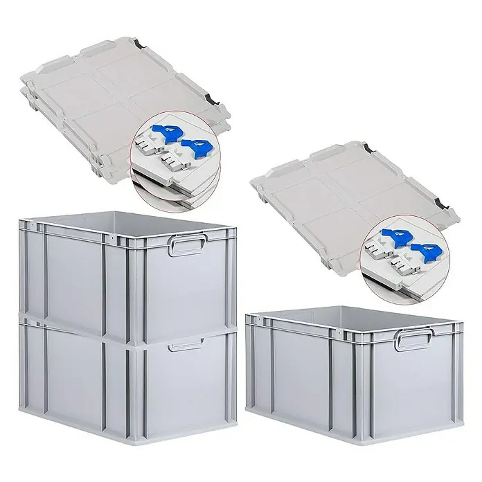 Proregal Euroboxen-Set 3x Eurobox NextGen Economy mit Scharnierdeckel und blauen Verschlüssen - L x B x H: 60 x 40 x 32 cm, Kunststoff, Grau, 3 Stk. - Produktabbildung von grauen Eurobehältern mit passenden Deckeln, die eine sichere und effiziente Lagerlösung bieten.
