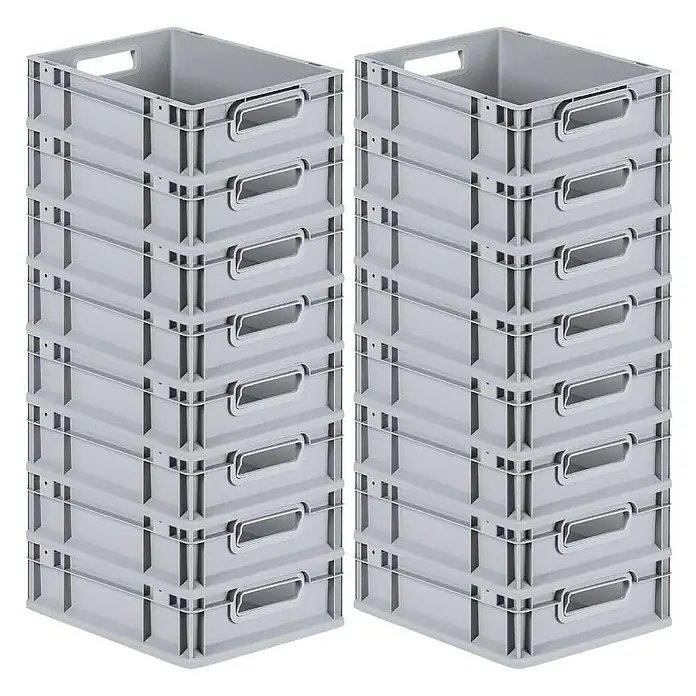 Proregal Euroboxen-Set 16x Eurobox NextGen Economy mit Scharnierdeckel und gelben Verschlüssen - L x B x H: 40 x 30 x 12 cm, Kunststoff, Grau, 16 Stk. - Zwei Stapel grauer Kunststoffbehälter mit Griffen, ideal für Lagerung und Organisation.