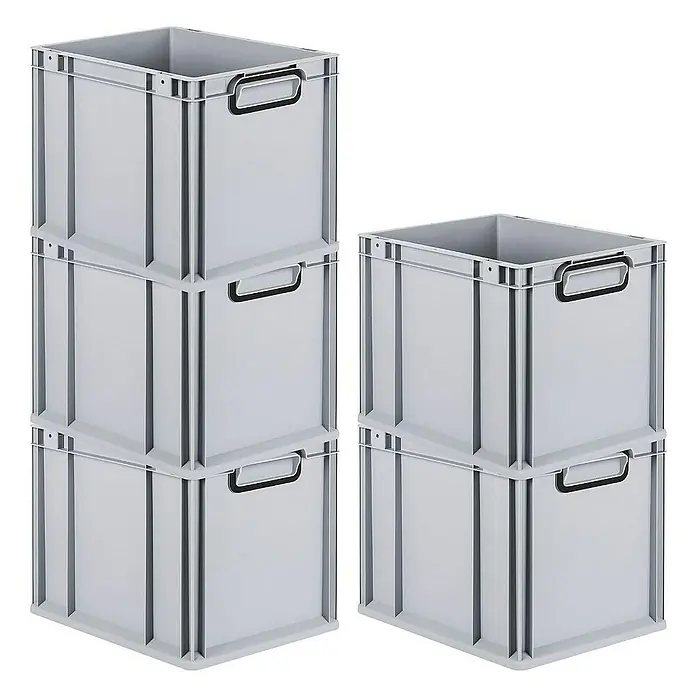 Proregal Euroboxen-Set 5x Eurobox NextGen Color - Kunststoff, Grau, Schwarz, 5 Stk. - Stapel von grauen Kunststoffboxen mit Griffen, ideal für Lagerung und Transport. Robuste und praktische Aufbewahrungslösung.