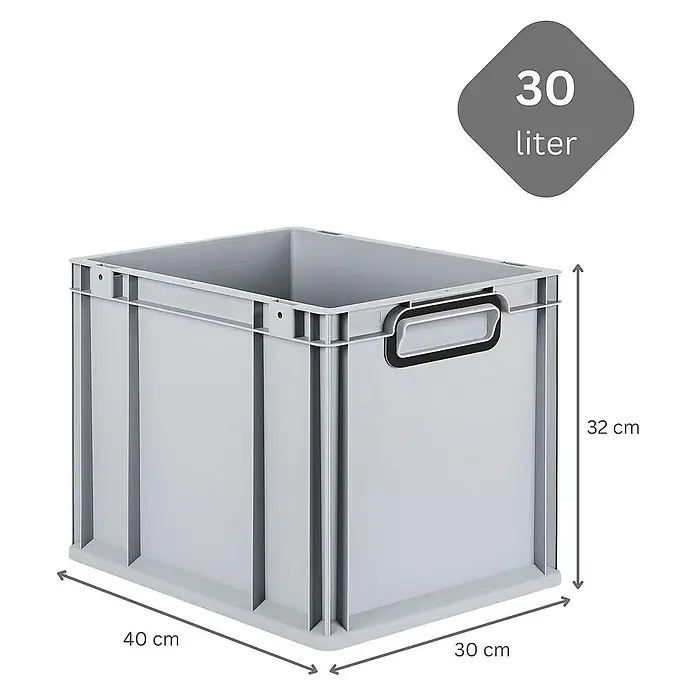 Proregal Euroboxen-Set 5x Eurobox NextGen Color - Kunststoff, Grau, Schwarz, 5 Stk. - Abbildung einer grauen 30-Liter-Kunststoffbox mit den Maßen 40 x 30 x 32 cm.
