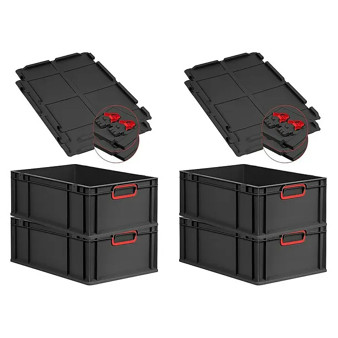 Proregal Euroboxen-Set 4x Eurobox NextGen Color mit Scharnierdeckel und Verschlüssen - L x B x H: 60 x 40 x 22 cm, Kunststoff, Schwarz, Rot, 4 Stk. - Zwei Stapelboxen mit Deckel. Praktische Aufbewahrungslösung für Werkstatt, Lager oder Haushalt. Die roten Griffe sorgen für einen Farbakzent.