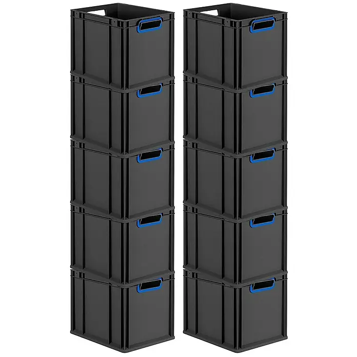 Proregal Euroboxen-Set 10x Eurobox NextGen Color - Kunststoff, Schwarz, Blau, 10 Stk. - Zwei Stapel mit je fünf schwarzen Aufbewahrungsboxen mit blauen Griffen.