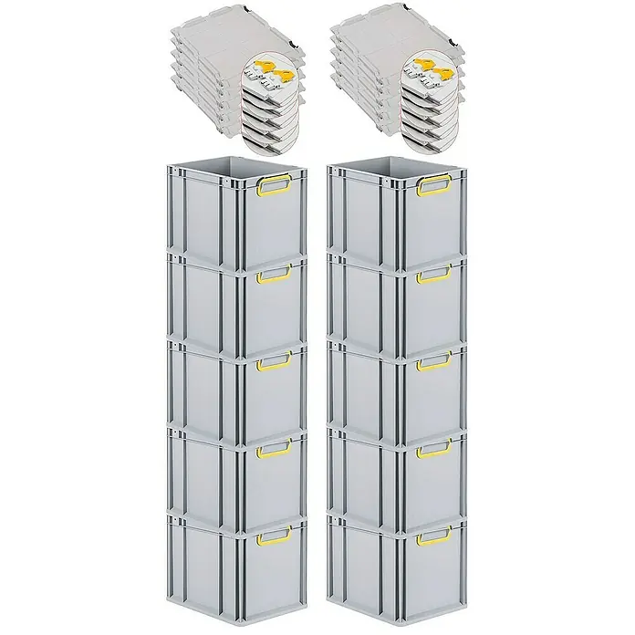Proregal Euroboxen-Set 10x Eurobox NextGen Color mit Scharnierdeckel und Verschlüssen - Kunststoff, Grau, Gelb, 10 Stk. - Abbildung von zwei Stapeln grauer Kunststoffbehälter mit gelben Griffen und Deckeln.