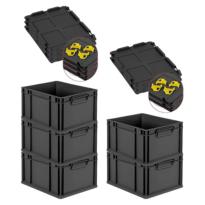 Proregal Euroboxen-Set 5x Eurobox NextGen Grip mit Auflagedeckel inkl. 4 gelben Verschlüssen - L x B x H: 40 x 30 x 22 cm, Kunststoff, Schwarz, 5 Stk. - Drei schwarze Kunststoffboxen sind gestapelt, daneben zwei weitere Boxen und Deckel mit gelben Verschlüssen.