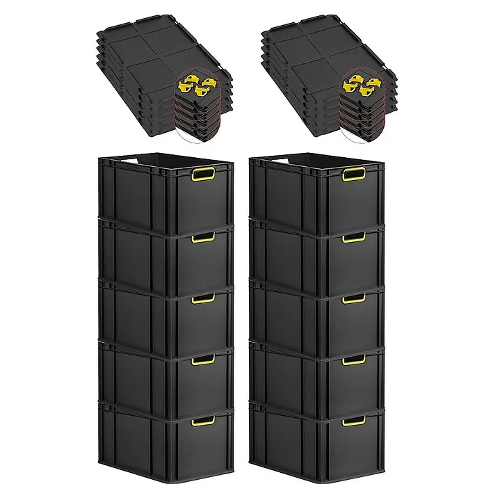 Proregal Euroboxen-Set 10x Eurobox NextGen Color mit Auflagedeckel und Schiebeschnappverschlüsse - L x B x H: 60 x 40 x 32 cm, Kunststoff, Schwarz, Gelb, 10 Stk. - Ein Stapel schwarzer Kunststoffkisten mit gelben Griffen und dazugehörige Deckel für eine praktische Aufbewahrungslösung.