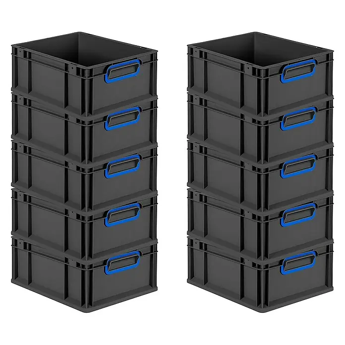 Proregal Euroboxen-Set 10x Eurobox NextGen Color - L x B x H: 40 x 30 x 17 cm, Kunststoff, Schwarz, Blau, 10 Stk. - Zwei Stapel grauer Kunststoffboxen mit blauen Griffen, die eine praktische und robuste Aufbewahrungslösung bieten.