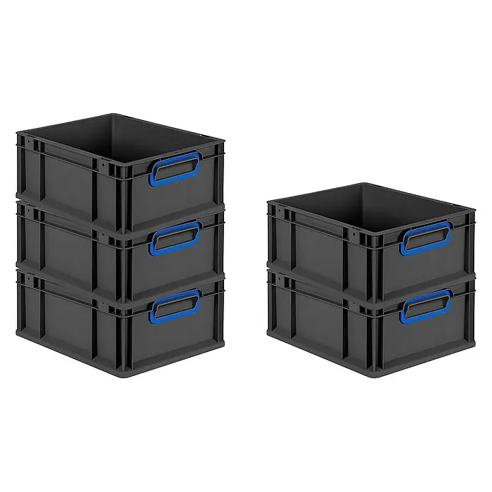 Proregal Euroboxen-Set 10x Eurobox NextGen Color - L x B x H: 40 x 30 x 17 cm, Kunststoff, Schwarz, Blau, 10 Stk. - Graue Kunststoffboxen, gestapelt, mit blauen Griffen, ideal für Lagerung und Organisation.