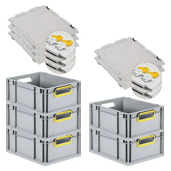 Proregal Euroboxen-Set 5x Eurobox NextGen Color mit Scharnierdeckel und Verschlüssen - L x B x H: 40 x 30 x 17 cm, Kunststoff, Grau, Gelb, 5 Stk. - Bild von grauen Lagerboxen mit gelben Griffen und zugehörigen Deckeln, gestapelt und bereit für den Einsatz.