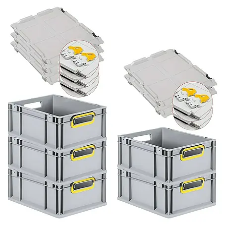 SuperSparSet 5x Eurobox NextGen Color mit Scharnierdeckel und Schiebeschnappverschlüssen | HxBxT 17x30x40cm | 16 Liter | Grau | Griffe gelb offen | Glatter Boden | Eurobehälter, Transportbox, Transportbehälter, Stapelbehälter