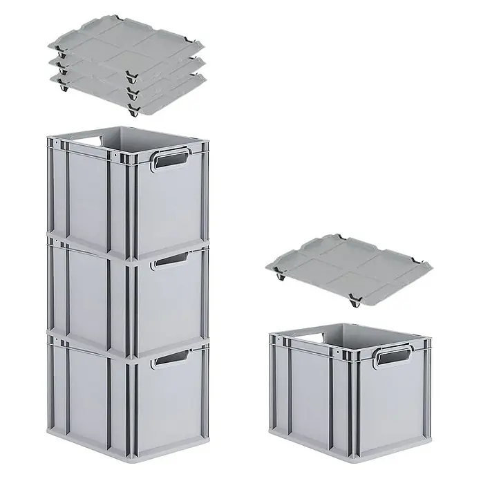 Proregal Euroboxen-Set 4x Eurobox NextGen Grip mit Auflagedeckel inkl. 4 schwarzen Verschlüssen - Kunststoff, Grau, 4 Stk. - Gestapelte graue Eurobehälter und Eurobehälter mit Rollbrett für Lagerung und Transport.