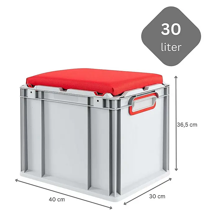 Proregal Euroboxen-Set 4x Eurobox NextGen Seat Box Rot - L x B x H: 40 x 30 x 36,5 cm, Kunststoff, Grau, Rot, 4 Stk. - Abgebildet ist eine graue Aufbewahrungsbox mit rotem Sitzkissen, Größenangaben und Füllmenge (30 Liter) für vielfältige Einsatzzwecke.