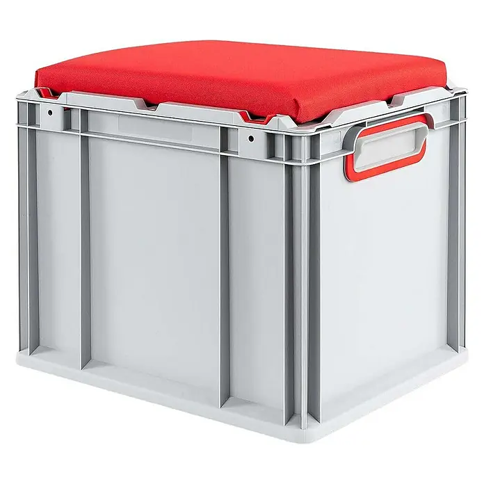 Proregal Euroboxen-Set 4x Eurobox NextGen Seat Box Rot - L x B x H: 40 x 30 x 36,5 cm, Kunststoff, Grau, Rot, 4 Stk. - Ein grauer Kunststoffbehälter mit einem roten gepolsterten Sitzkissen darauf. Perfekt für Lagerung und als Sitzgelegenheit.