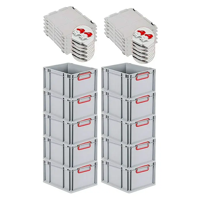 Proregal Euroboxen-Set 10x Eurobox NextGen Color mit Scharnierdeckel und Verschlüssen - L x B x H: 40 x 30 x 22 cm, Kunststoff, Grau, Rot, 10 Stk. - Abbildung von zwei Stapeln grauer Lagerboxen mit roten Griffen und zwei Stapeln grauer Deckel mit roten Verschlüssen.