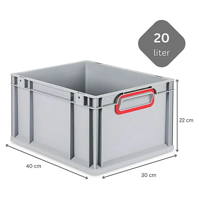 Proregal Euroboxen-Set 10x Eurobox NextGen Color mit Scharnierdeckel und Verschlüssen - L x B x H: 40 x 30 x 22 cm, Kunststoff, Grau, Rot, 10 Stk. - Graue 20-Liter-Kunststoffbox mit roten Griffen und Maßangaben für Höhe, Breite und Tiefe.