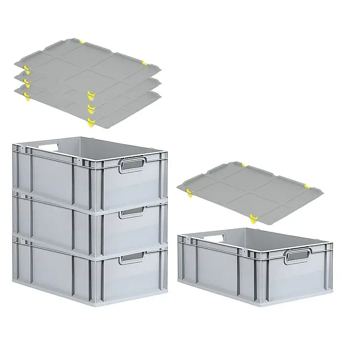 Proregal Euroboxen-Set 4x Eurobox NextGen Grip mit Auflagedeckel inkl. 4 gelben Verschlüssen - L x B x H: 60 x 40 x 22 cm, Kunststoff, Grau, 4 Stk. - Graue Eurobehälter mit passenden Deckeln. Ideal für Lagerung und Transport, die Deckel bieten zusätzlichen Schutz und sichern den Inhalt.