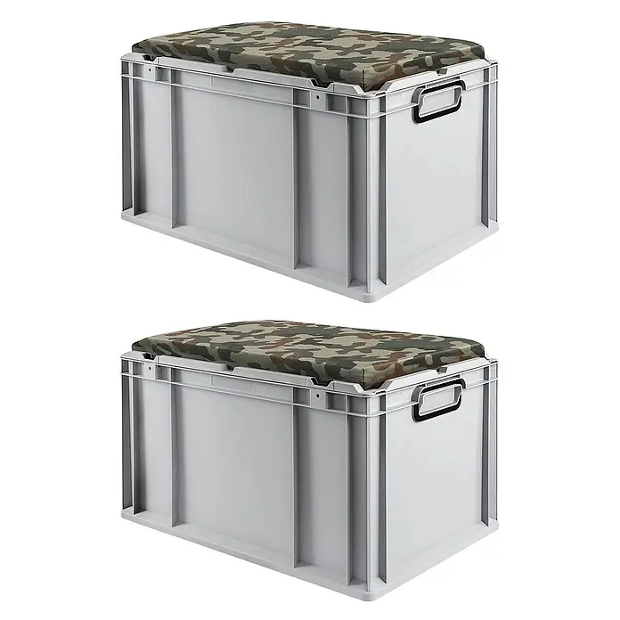 Proregal Euroboxen-Set 2x Eurobox NextGen Seat Box Camouflage - L x B x H: 60 x 40 x 36,5 cm, Kunststoff, Grau, Camouflage, 2 Stk. - Zwei graue Aufbewahrungsboxen mit gepolsterten Sitzen mit Camouflage-Muster für zusätzlichen Komfort und Stauraum.