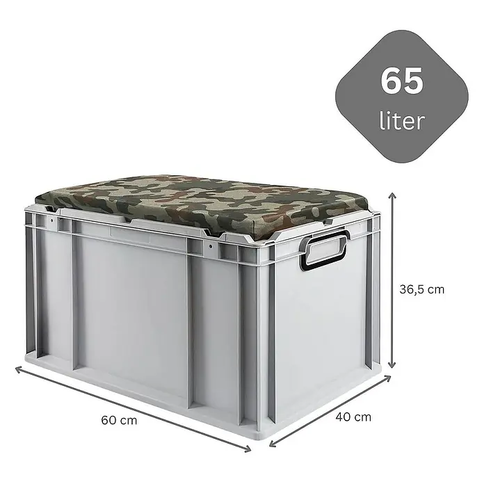 Proregal Euroboxen-Set 2x Eurobox NextGen Seat Box Camouflage - L x B x H: 60 x 40 x 36,5 cm, Kunststoff, Grau, Camouflage, 2 Stk. - Die praktische 65-Liter-Eurobox in Grau mit einem komfortablen Sitzkissen mit Tarnmuster ist ideal für Ordnung und als Sitzgelegenheit.