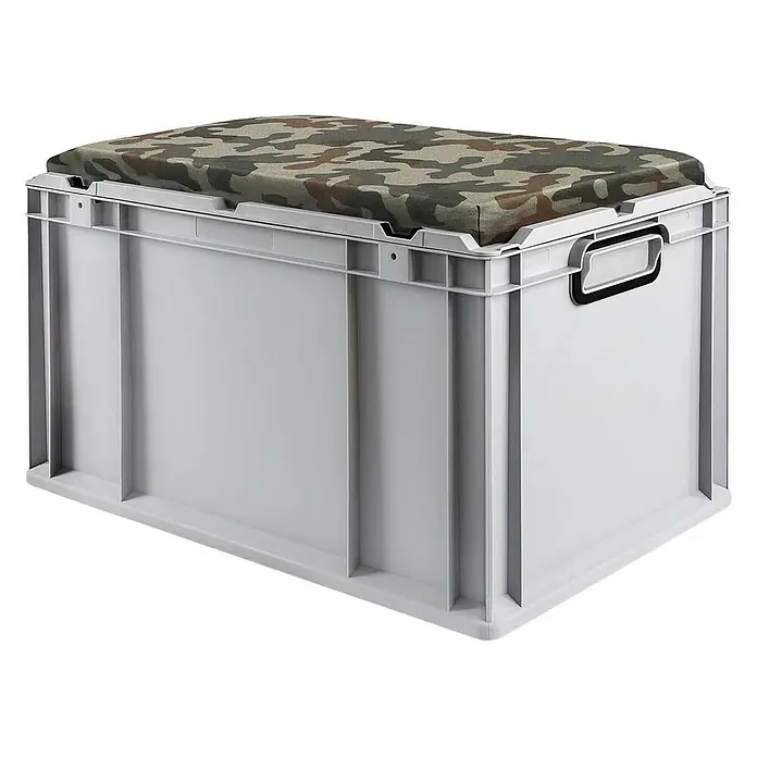 Proregal Euroboxen-Set 2x Eurobox NextGen Seat Box Camouflage - L x B x H: 60 x 40 x 36,5 cm, Kunststoff, Grau, Camouflage, 2 Stk. - Eine graue Aufbewahrungsbox mit einem gepolsterten Deckel mit Tarnmuster, ideal für die Organisation und als Sitzgelegenheit.