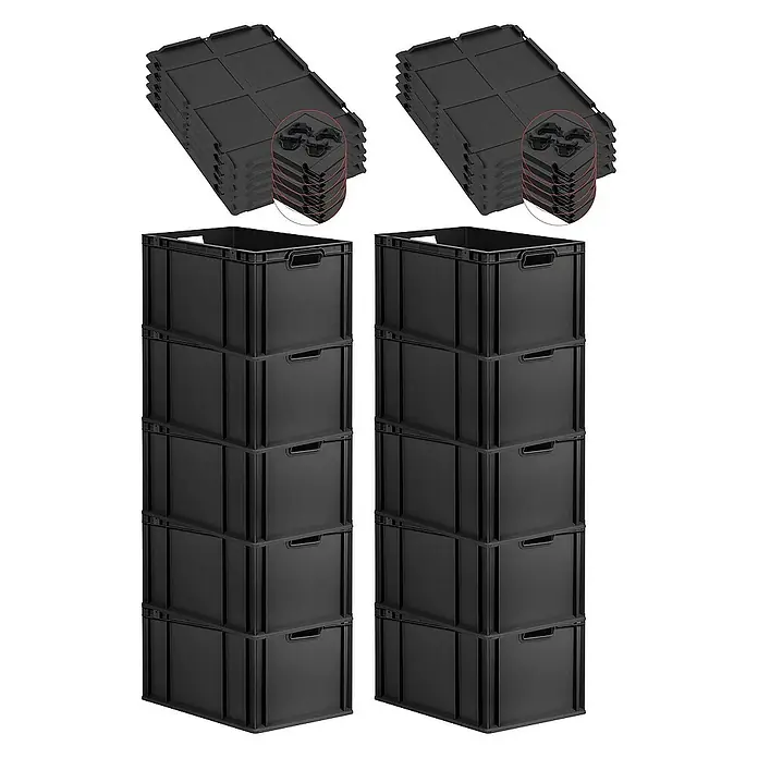 SparSet 10x Eurobox NextGen Grip mit Auflagedeckel inkl. 4 schwarzen Schiebeschnappverschlüssen | HxBxT 32x40x60cm | 65 Liter | Schwarz | Griffe offen | Verstärkter Boden | Eurobehälter, Transportbox, Transportbehälter, Stapelbehälter -  - Ein Stapel schwarzer Kunststoffboxen und Deckel für vielfältige Aufbewahrungszwecke im Haushalt oder Büro.