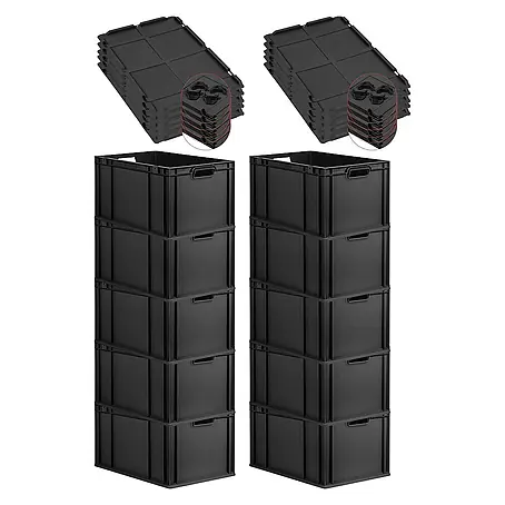 SparSet 10x Eurobox NextGen Grip mit Auflagedeckel inkl. 4 schwarzen Schiebeschnappverschlüssen | HxBxT 32x40x60cm | 65 Liter | Schwarz | Griffe offen | Verstärkter Boden | Eurobehälter, Transportbox, Transportbehälter, Stapelbehälter