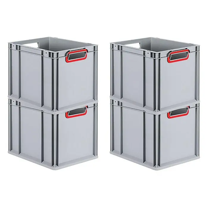 Proregal Euroboxen-Set 4x Eurobox NextGen Color - L x B x H: 40 x 30 x 32 cm, Kunststoff, Grau, Rot, 4 Stk. - Zwei Stapel grauer Kunststoffboxen mit roten Griffen, die sich ideal für Lagerung und Organisation eignen.