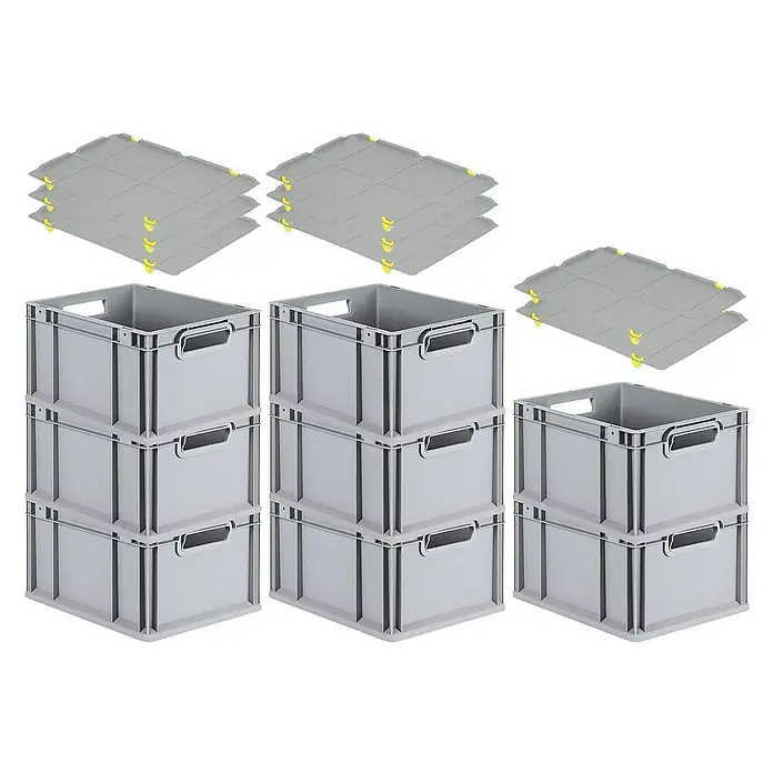Proregal Euroboxen-Set 8x Eurobox NextGen Economy mit Auflagedeckel und 4x Verschlüsse Gelb - L x B x H: 40 x 30 x 22 cm, Kunststoff, Grau, 8 Stk. - Foto von drei Stapeln grauer Euroboxen mit passenden Deckeln. Die robusten Kunststoffboxen sind ideal für Lagerung und Transport.