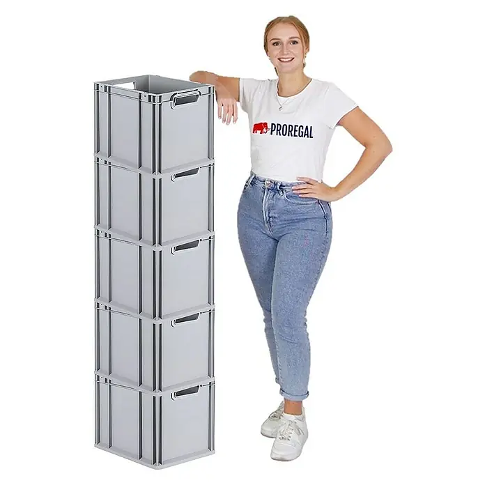 Proregal Euroboxen-Set 5x Eurobox NextGen Economy mit Auflagedeckel und 4x Verschlüsse Schwarz - Kunststoff, Grau, 5 Stk. - Bild von vier grauen, übereinander gestapelten Lagerboxen, die langlebig und platzsparend sind.