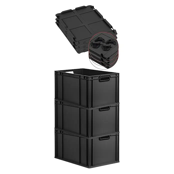 SuperSparSet 3x Eurobox NextGen Color mit Auflagedeckel und Schiebeschnappverschlüsse | HxBxT 32x40x60cm | 65 Liter | Schwarz | Griffe schwarz offen | Verstärkter Boden | Eurobehälter, Transportbox, Transportbehälter, Stapelbehälter -  - Schwarze Kunststoffbehälter sind mit schwarzen passenden Deckeln auf der Oberseite gestapelt. Die Deckel haben vier vertiefte quadratische Abschnitte.