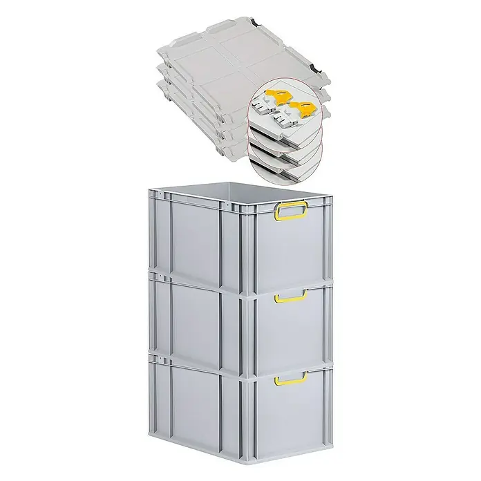 Proregal Euroboxen-Set 3x Eurobox NextGen Color mit Scharnierdeckel und Verschlüssen - L x B x H: 60 x 40 x 32 cm, Kunststoff, Grau, Gelb, 3 Stk. - Drei graue Lagerboxen mit gelben Griffen, gestapelt. Oben liegen graue Behälterdeckel.