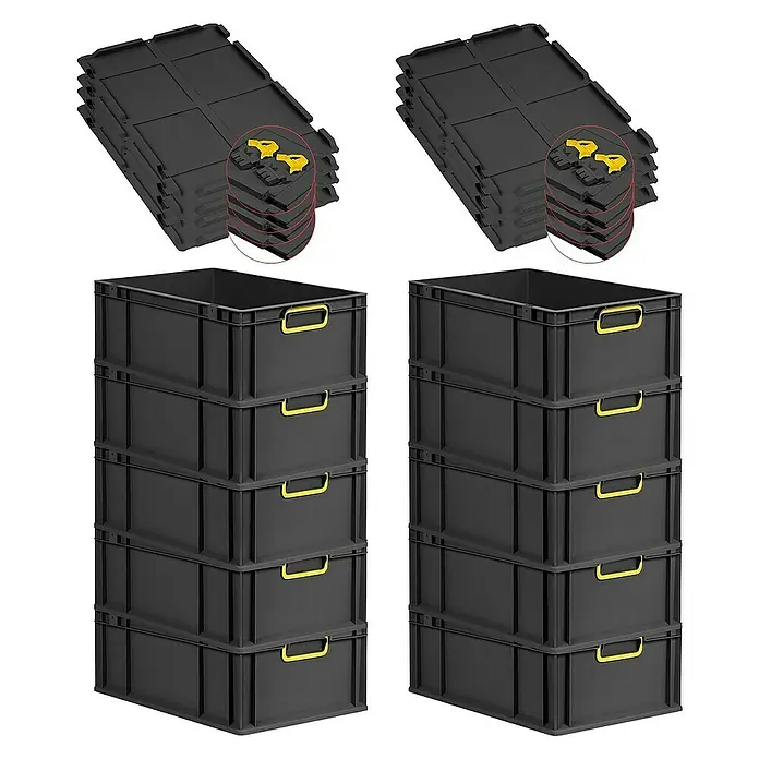 Proregal Euroboxen-Set 10x Eurobox NextGen Color mit Scharnierdeckel und Verschlüssen - L x B x H: 60 x 40 x 22 cm, Kunststoff, Schwarz, Gelb, 10 Stk. - Stapelbare schwarze Kunststoffboxen mit gelben Griffen und dazugehörige Deckel für vielseitige Aufbewahrungslösungen.