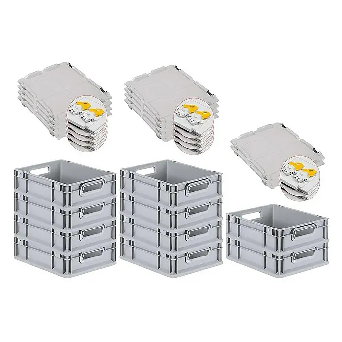 Proregal Euroboxen-Set 10x Eurobox NextGen Economy mit Scharnierdeckel und gelben Verschlüssen - L x B x H: 40 x 30 x 12 cm, Kunststoff, Grau, 10 Stk. - Abgebildet sind graue Kunststoffbehälter mit Griffen, gestapelt in verschiedenen Höhen, und dazugehörige Deckel.