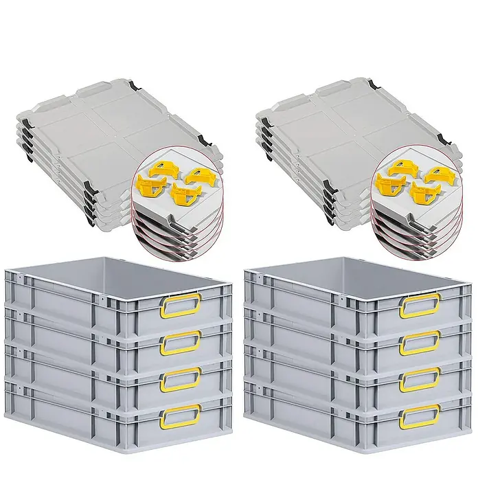 Proregal Euroboxen-Set 8x Eurobox NextGen Color mit Auflagedeckel und Schiebeschnappverschlüsse - L x B x H: 60 x 40 x 12 cm, Kunststoff, Grau, Gelb, 8 Stk. - Stapelbare graue Kunststoffbehälter und Deckel mit gelben Griffen zur Aufbewahrung und Organisation.