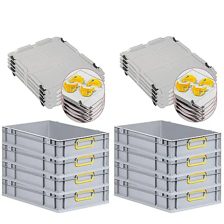 SuperSparSet 8x Eurobox NextGen Color mit Auflagedeckel und Schiebeschnappverschlüsse | HxBxT 12x40x60cm | 23 Liter | Grau | Griffe gelb geschlossen | Glatter Boden | Eurobehälter, Transportbox, Transportbehälter, Stapelbehälter