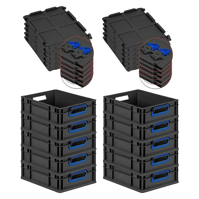 Proregal Euroboxen-Set 10x Eurobox NextGen Color mit Scharnierdeckel und Verschlüssen - L x B x H: 40 x 30 x 12 cm, Kunststoff, Schwarz, Blau, 10 Stk. - Ein Bild von stapelbaren schwarzen Kunststoffboxen mit blauen Griffen und Deckeln. Ideal zur Aufbewahrung und Organisation verschiedener Gegenstände.
