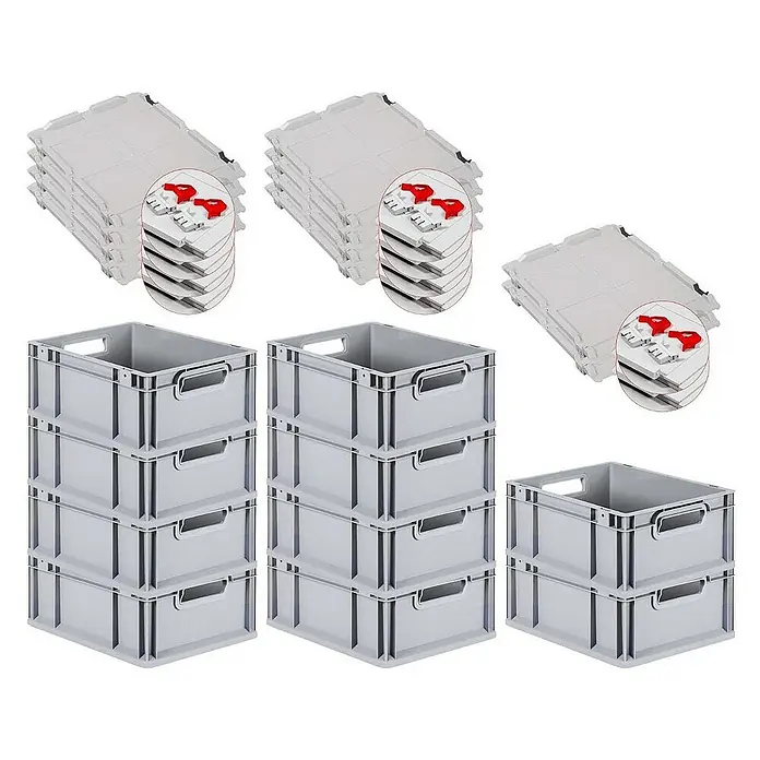 Proregal Euroboxen-Set 10x Eurobox NextGen Grip mit Scharnierdeckel und roten Verschlüssen - L x B x H: 40 x 30 x 17 cm, Kunststoff, Grau, 10 Stk. - Stapelbare Euroboxen mit Deckeln, ideal für Lagerung und Transport. Robuste Kunststoffkisten für den professionellen Einsatz.