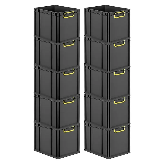 Proregal Euroboxen-Set 10x Eurobox NextGen Color - Kunststoff, Schwarz, Gelb, 10 Stk. - Zwei Stapel grauer Kunststoffbehälter mit gelben Griffen, ideal für Lagerung und Organisation.\n