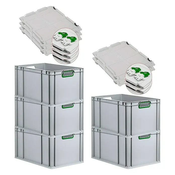 Proregal Euroboxen-Set 5x Eurobox NextGen Color mit Scharnierdeckel und Verschlüssen - L x B x H: 60 x 40 x 32 cm, Kunststoff, Grau, Grün, 5 Stk. - Stapelbare Eurobehälter mit Deckel und praktischen Griffen für Lagerung und Transport.