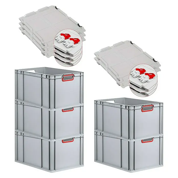 Proregal Euroboxen-Set 5x Eurobox NextGen Color mit Scharnierdeckel und Verschlüssen - L x B x H: 60 x 40 x 32 cm, Kunststoff, Grau, Rot, 5 Stk. - Abbildung von grauen Kunststoffboxen und passenden Deckeln mit roten Verschlüssen, die gestapelt und ordentlich präsentiert werden.
