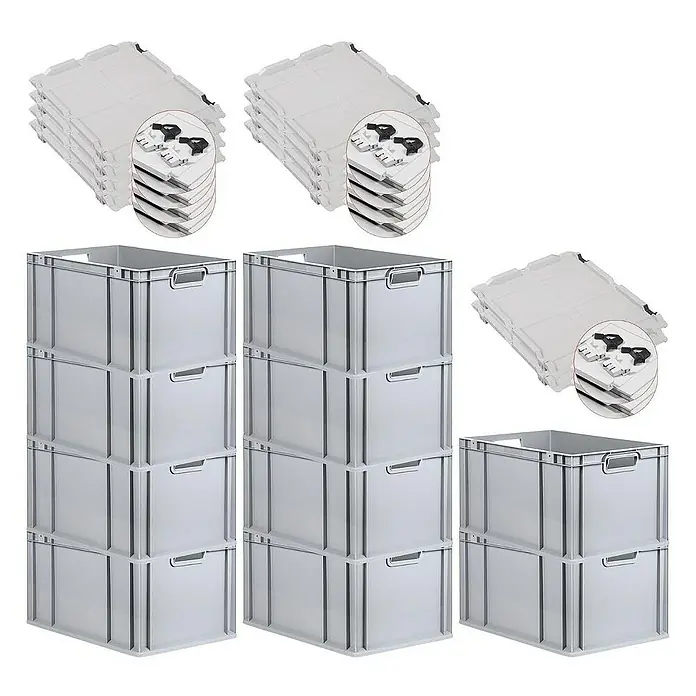 Proregal Euroboxen-Set 10x Eurobox NextGen Economy mit Scharnierdeckel und schwarzen Verschlüssen - L x B x H: 60 x 40 x 32 cm, Kunststoff, Grau, 10 Stk. - Auf dem Bild sind graue Lagerkisten aus Kunststoff mit Deckel zu sehen, die sich ideal für die Organisation eignen.