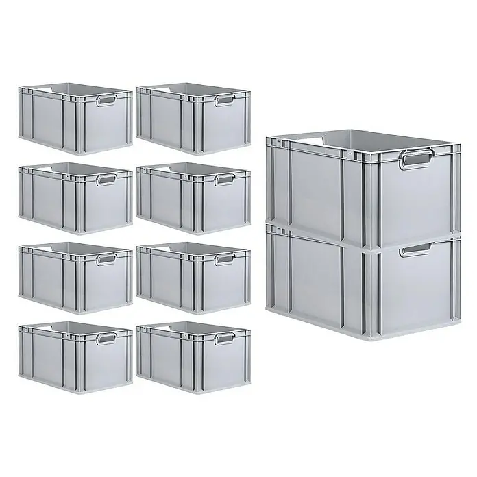 Proregal Euroboxen-Set 10x Eurobox NextGen Economy mit Scharnierdeckel und schwarzen Verschlüssen - L x B x H: 60 x 40 x 32 cm, Kunststoff, Grau, 10 Stk. - Ein Stapel von zehn grauen Aufbewahrungsboxen aus Kunststoff, ideal für Lagerung und Organisation in verschiedenen Umgebungen.