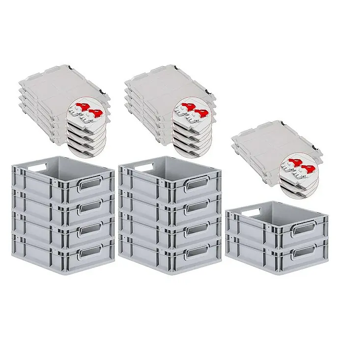 Proregal Euroboxen-Set 10x Eurobox NextGen Economy mit Scharnierdeckel und roten Verschlüssen - L x B x H: 40 x 30 x 12 cm, Kunststoff, Grau, 10 Stk. - Graue Eurobehälter und Deckel gestapelt, ideal für Lagerung und Transport. Robuste Bauweise sorgt für Langlebigkeit im täglichen Gebrauch.