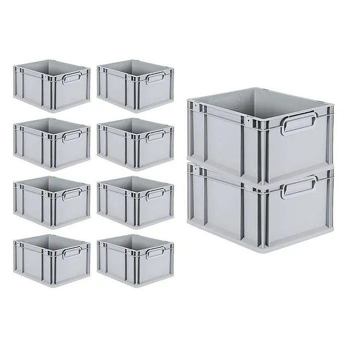 Proregal Euroboxen-Set 10x Eurobox NextGen Grip mit Scharnierdeckel und blauen Verschlüssen - L x B x H: 40 x 30 x 22 cm, Kunststoff, Grau, 10 Stk. - Stapelbare graue Kunststoffboxen im Set, ideal für Lagerung und Organisation im Haushalt oder Gewerbe. Robuste Bauweise mit praktischen Tragegriffen.